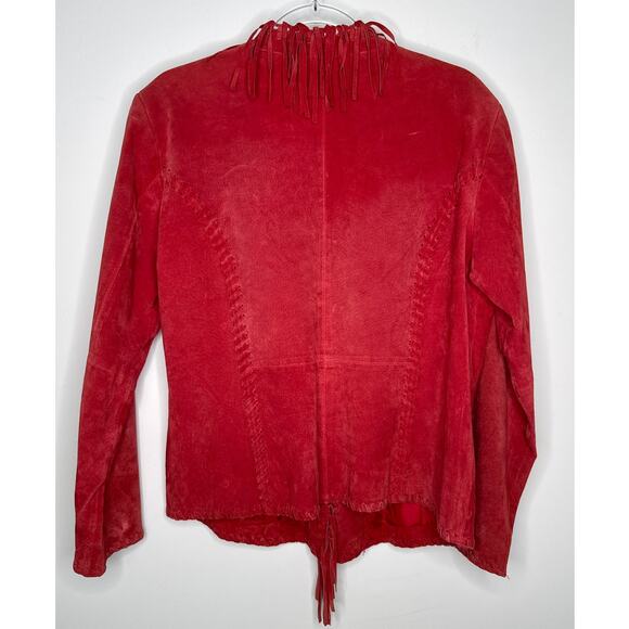 Y2K Western Boho Chico’s Design Red Suede Fringe Leather Jacket Size 2 (M/L) - Picture 5 of 16
